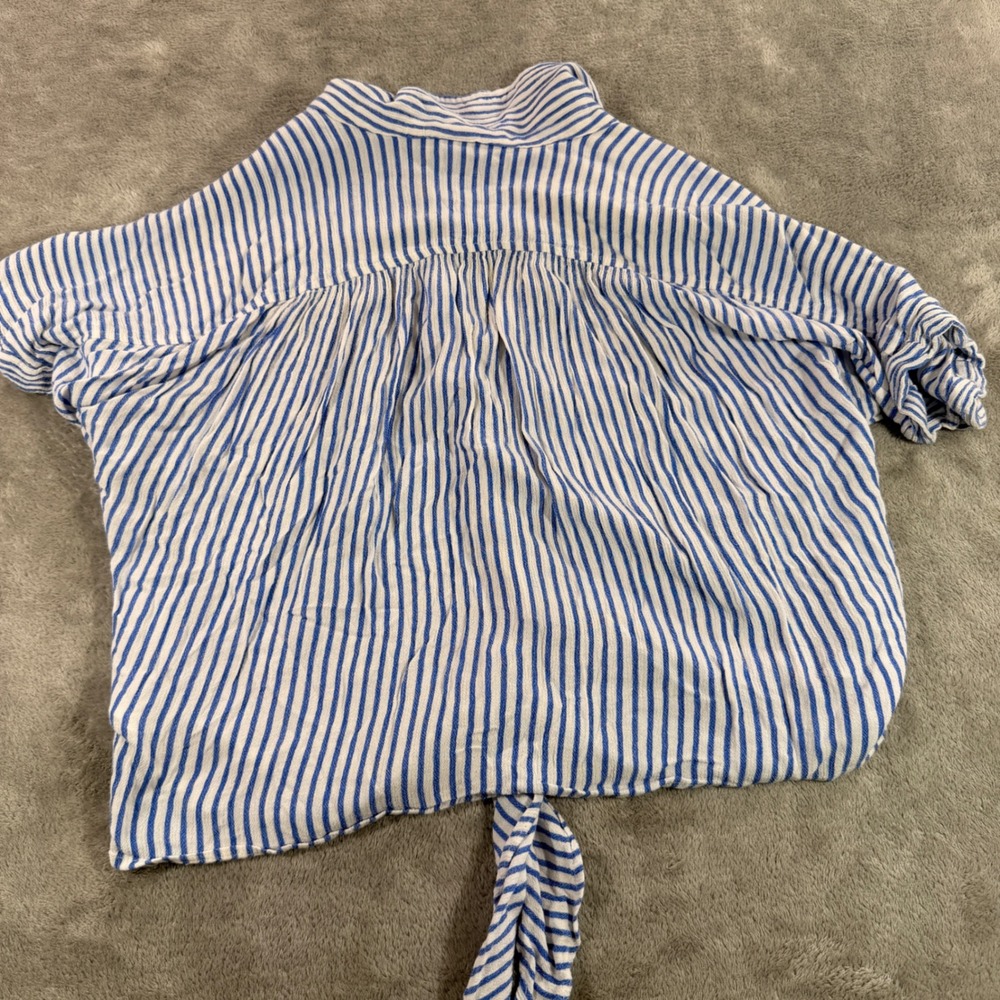 H&M Button Down Shirt Womens Small Blue White Striped Tie Front Short Sleeve - Picture 7 of 8